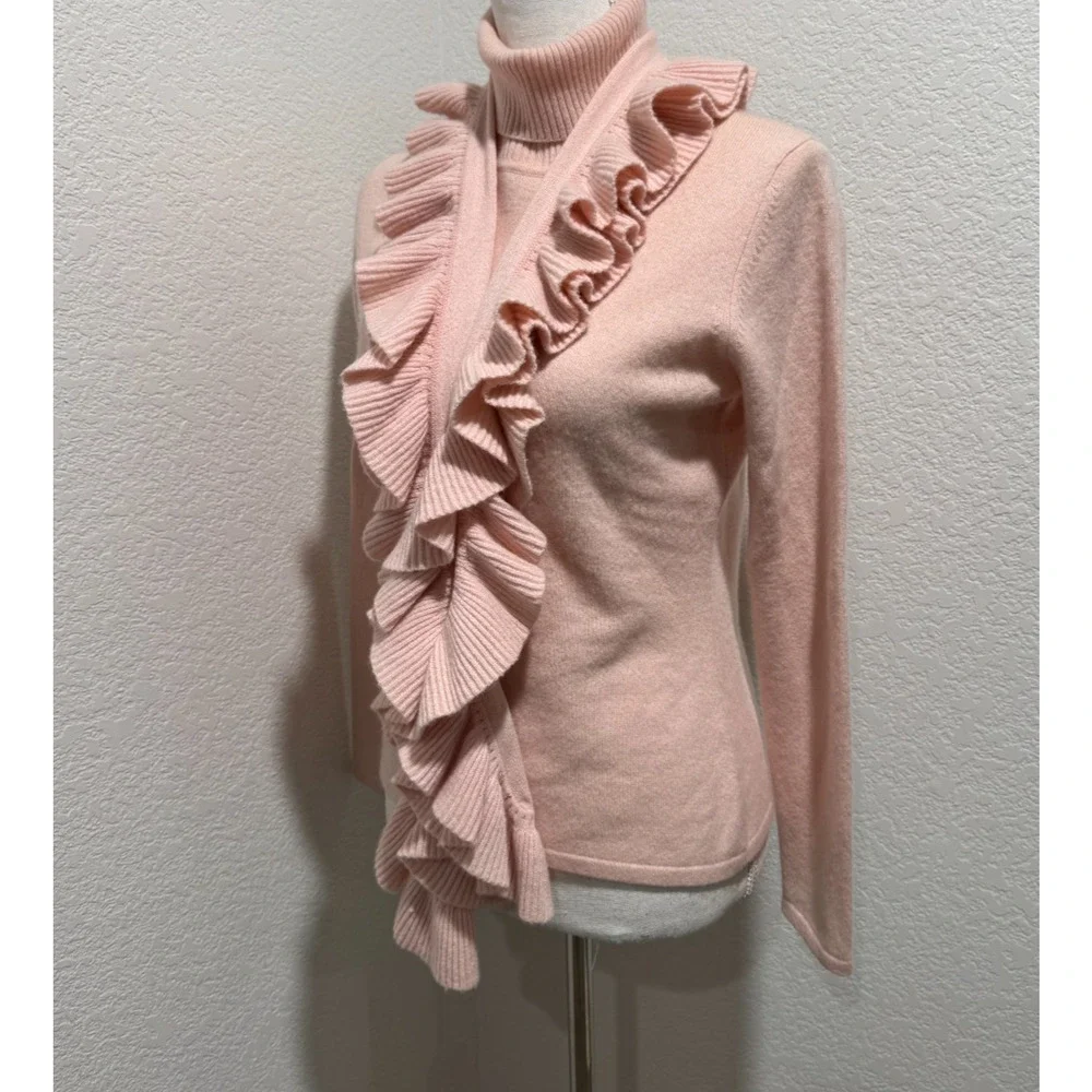 Vintage El Daws Pure Cashmere Turtleneck Womens Sz S w Ruffle Scarf 2 PC Pink